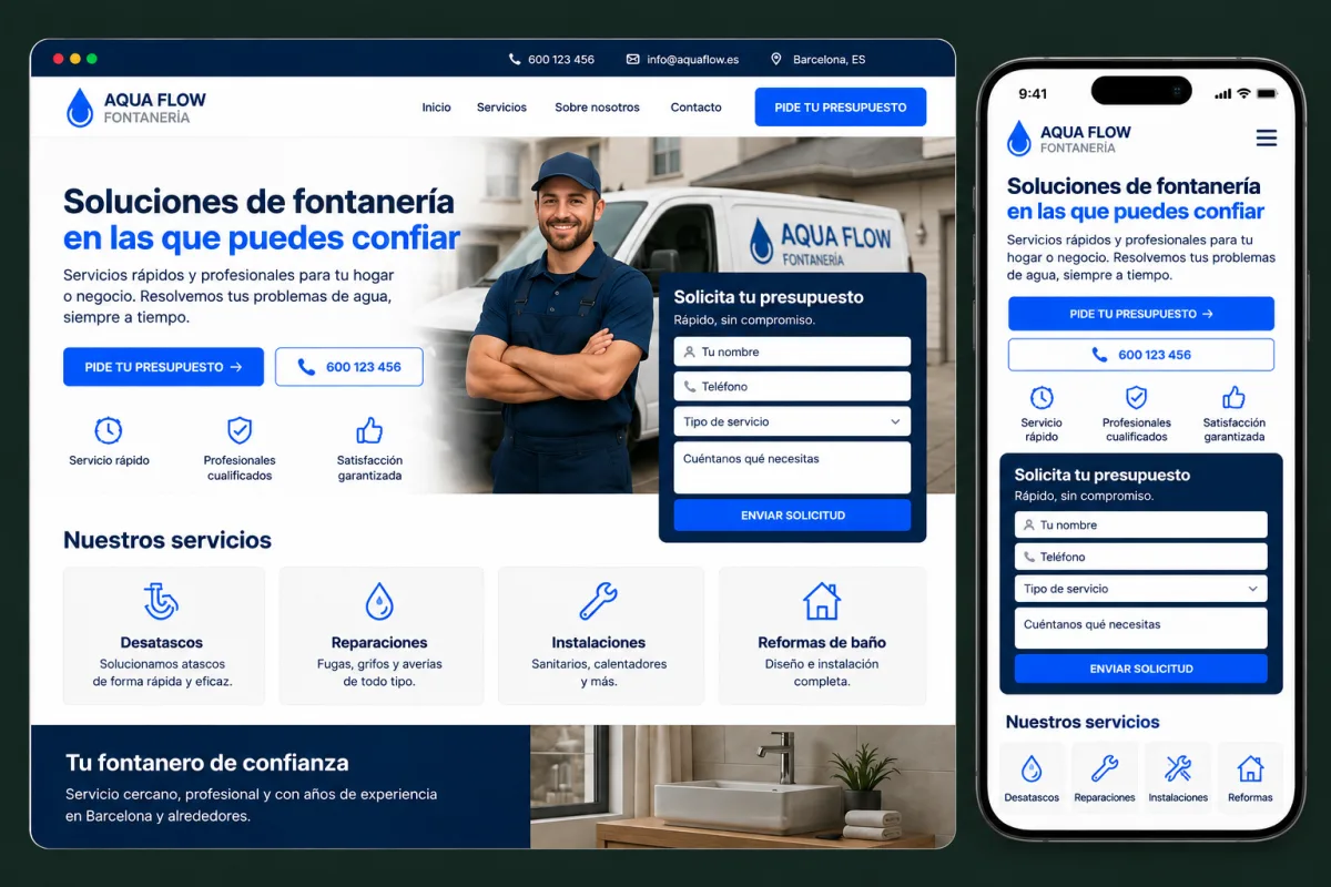 Web profesional moderna para negocio local mostrada en ordenador y móvil