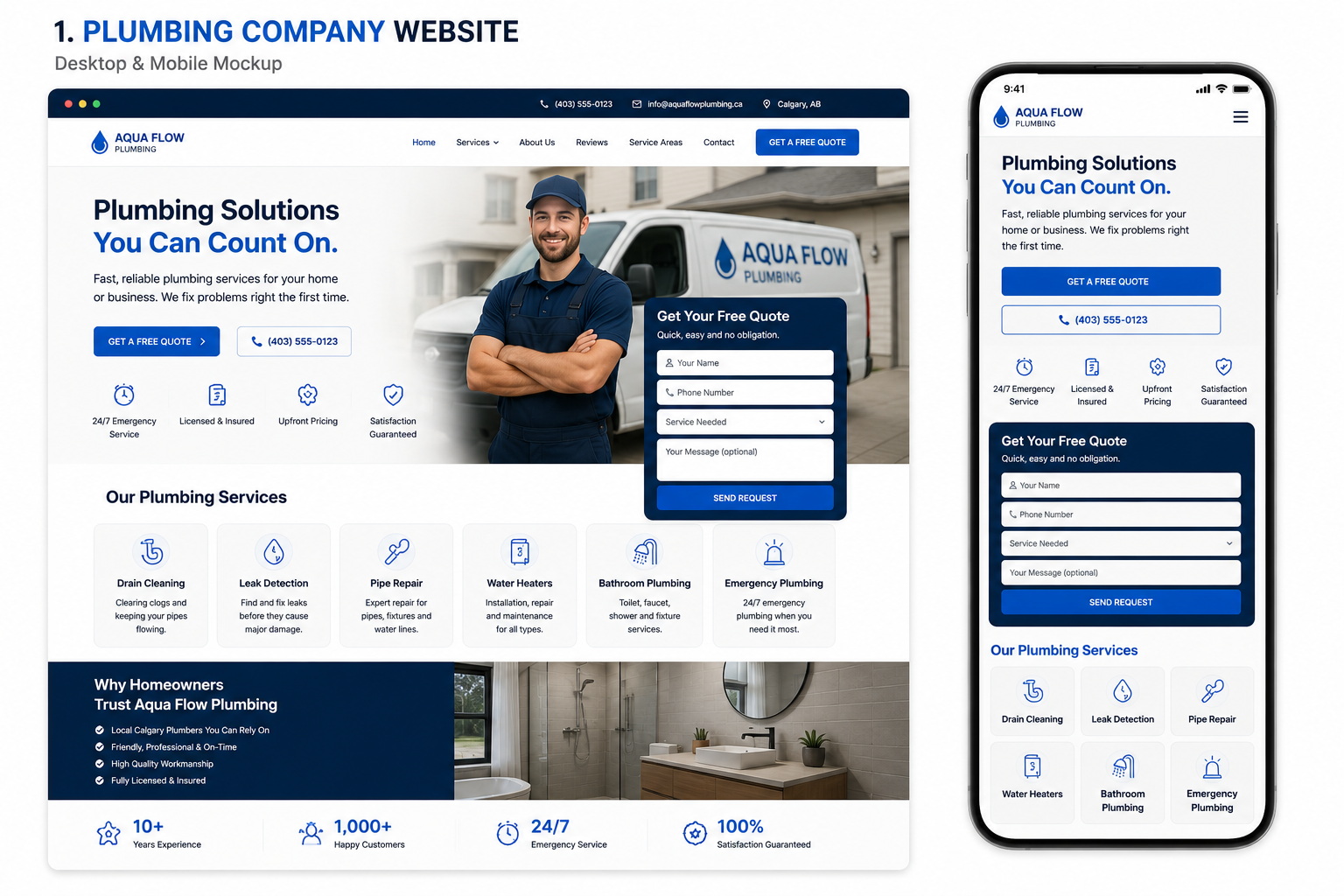 Modern professional plumbing website shown on desktop and mobile