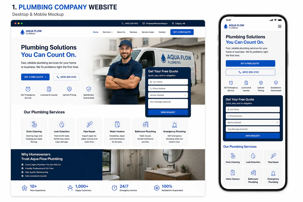 Modern professional plumbing website shown on desktop and mobile