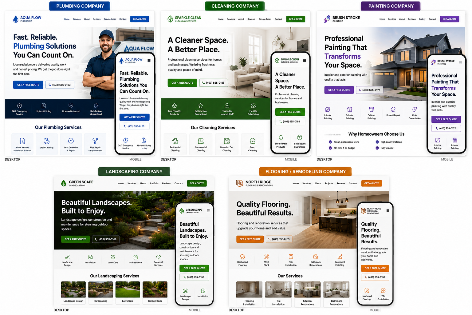 Collage of desktop and mobile website examples for local trades businesses